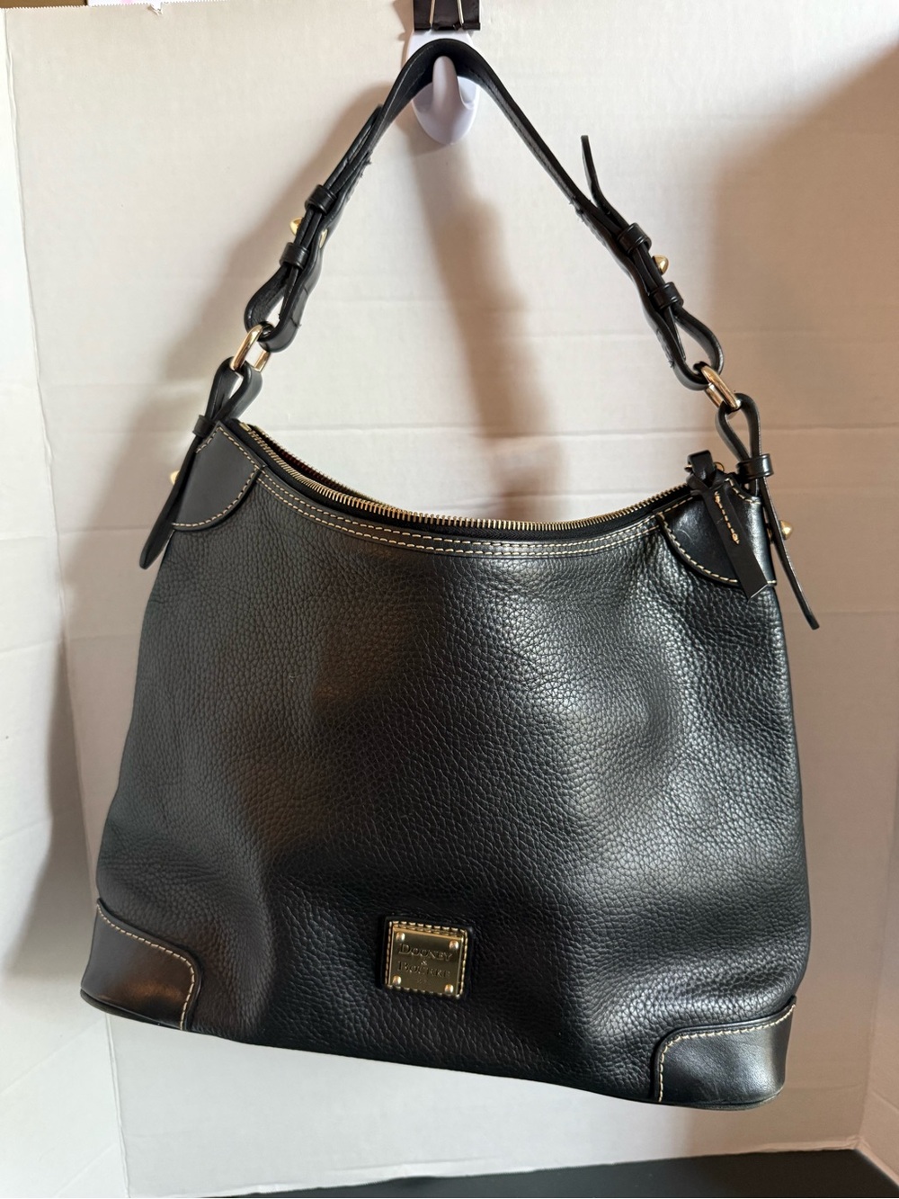 Dooney & Bourke Black Pebbled Leather Shoulder Hobo with Gold Accents